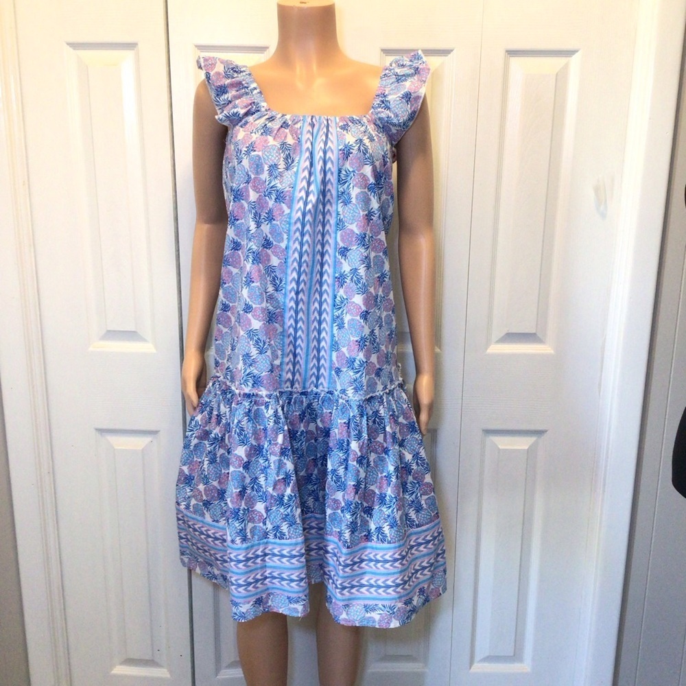 Simply Southern Womens Blue/Pink Pineapple Print Sleeveless Cotton Sun Dress
